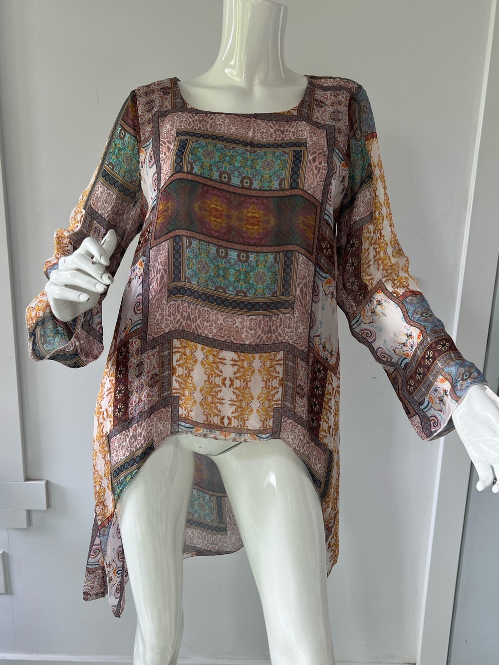 Patchwork print blouse tunic Made in Italy silk blend Asymmetrical